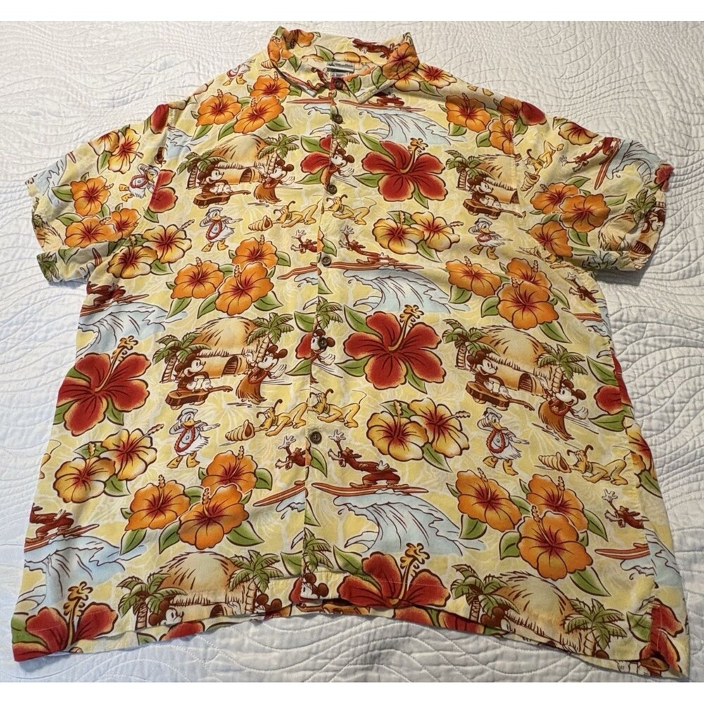 Disney Parks Button‎ Up Hawaiian Shirt Mickey Mouse Minnie Donald Pluto XXL 2XL